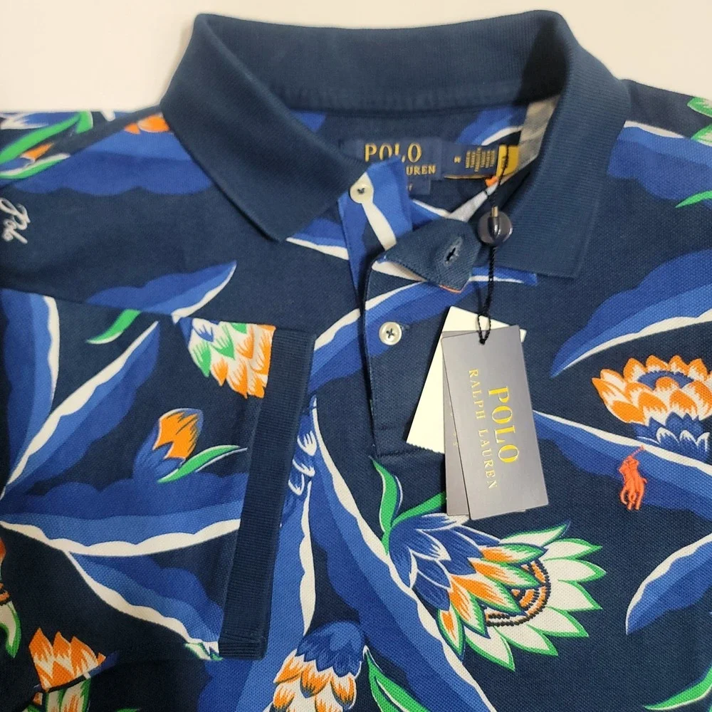 Polo‎ Ralph Lauren Mens Med Classic-Fit Tropical Print Mesh Polo Hawaiian Blue
